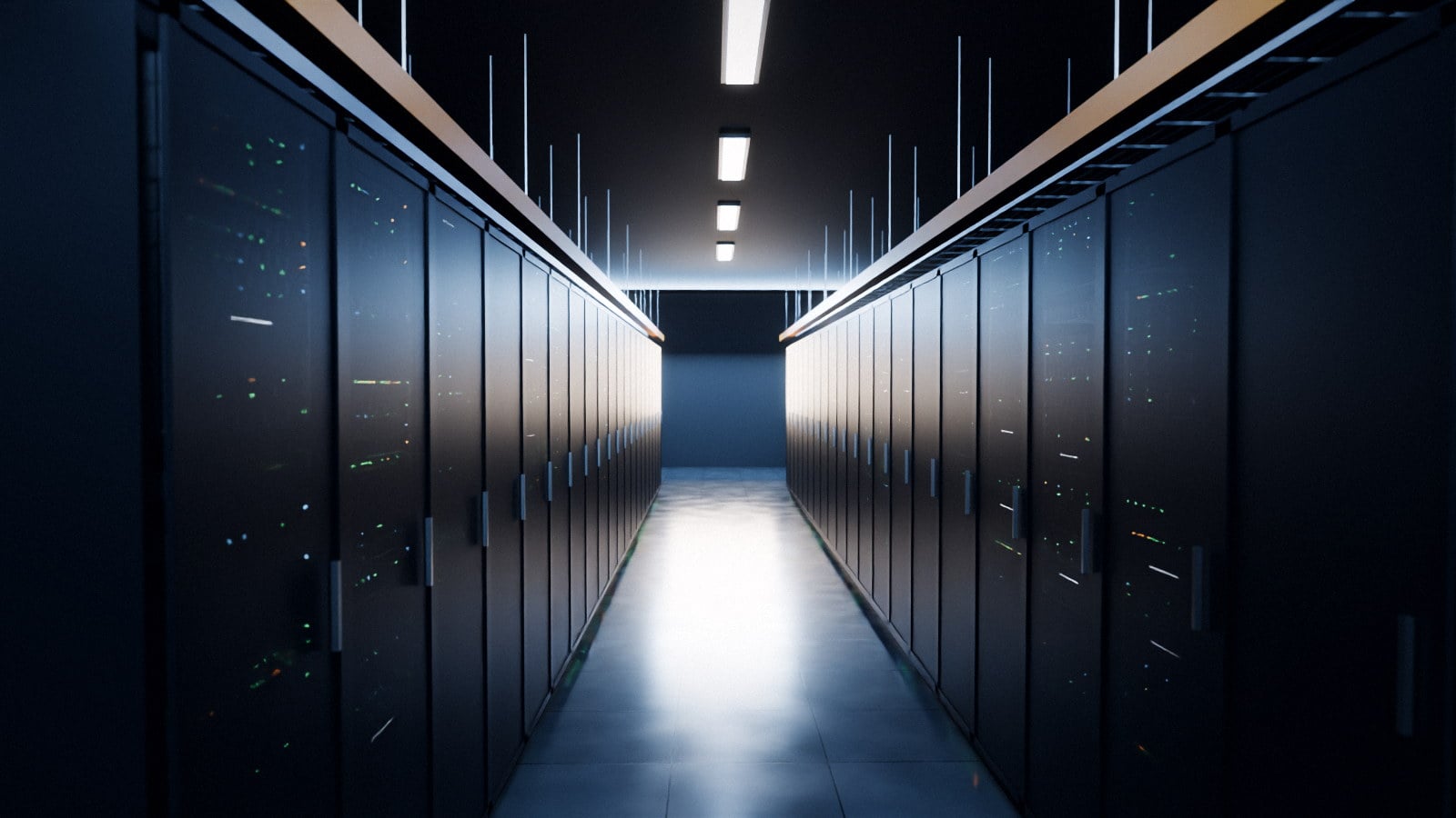 An aisle of closed, unbranded cabinets under blue lighting