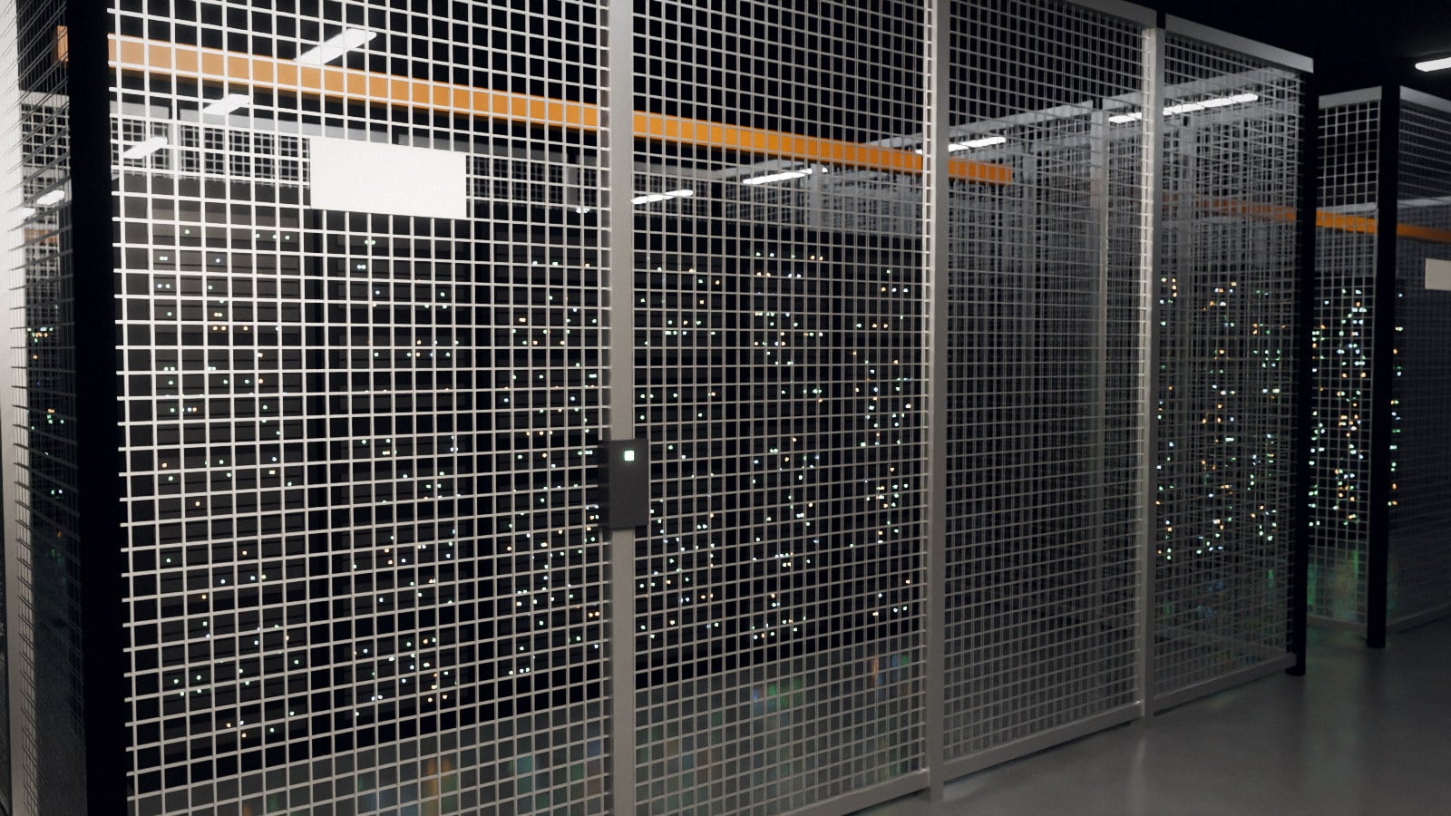 A colocation cage: racks behind a wire-mesh enclosure with a locked gate