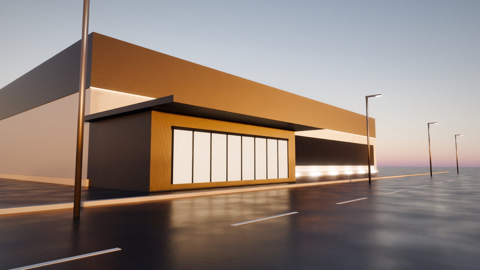 A data centre building at dusk, its entrance lit and the forecourt wet