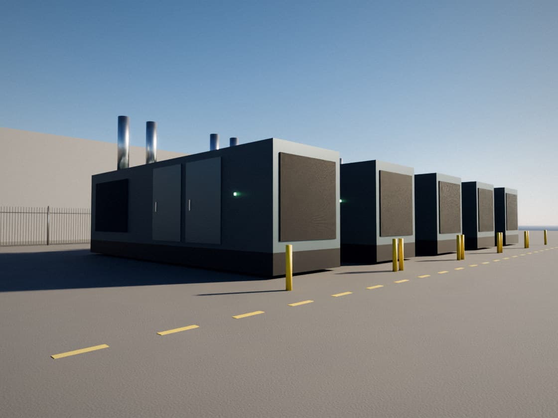 A row of containerised standby generators with exhaust stacks in a fenced yard