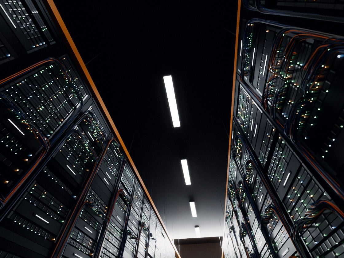 Racks seen from the floor looking up towards the ceiling lights